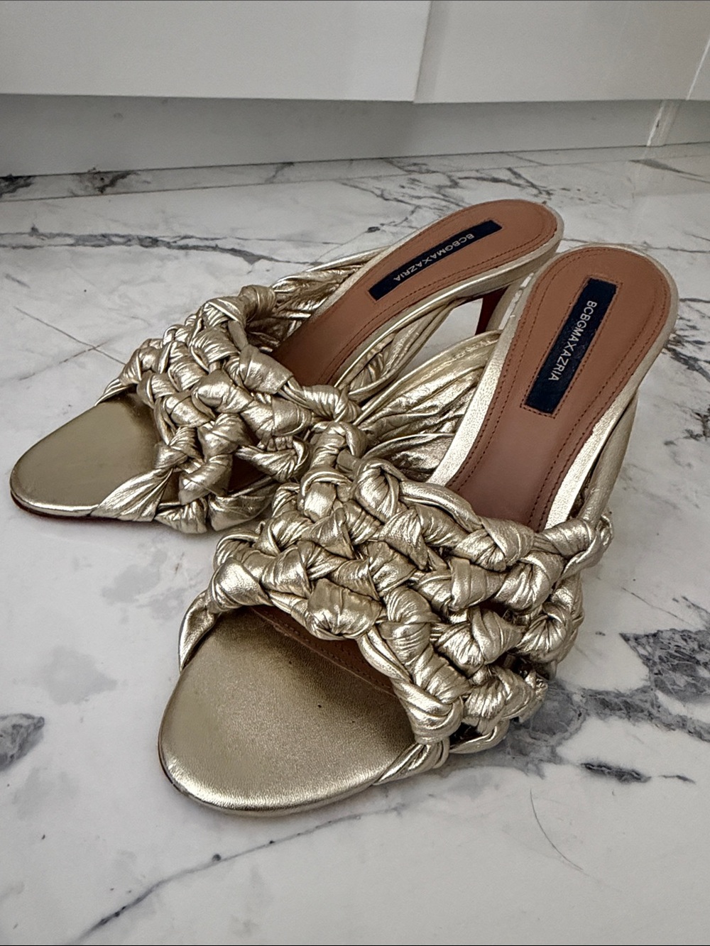 BCBGMaxAzria Metallic Gold Braided Slide Heels
